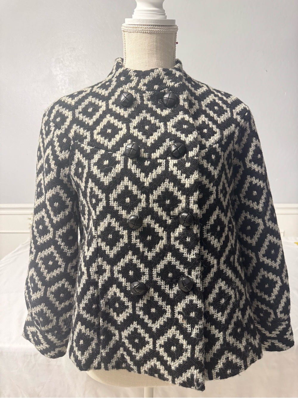 L.A.M.B. 2008 knit  - Black Patterned Double-Breasted  A-Line Wool Pea Coat